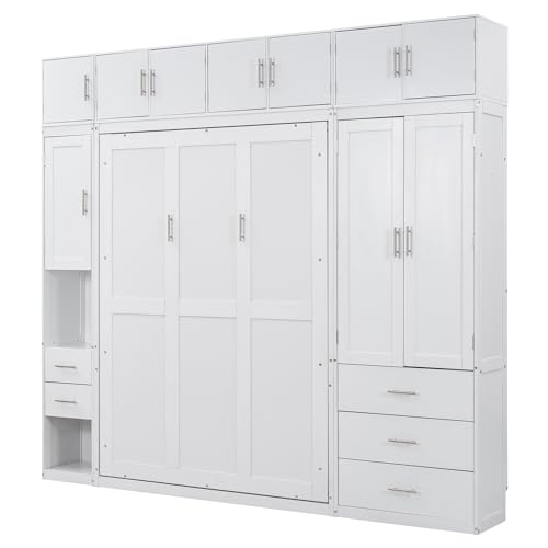 Twin Size Wood Murphy Bed with Storage Shelves and Drawers V339178