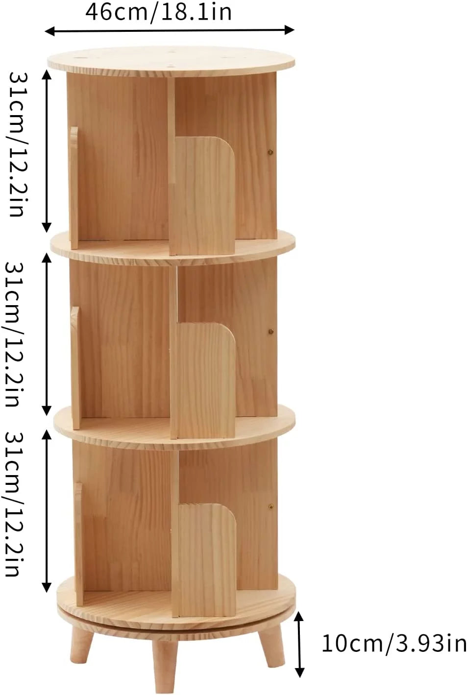 Wooden Rotating Bookshelf with 4 Legs Floor Standing Bookcase 3 Tiers M799757