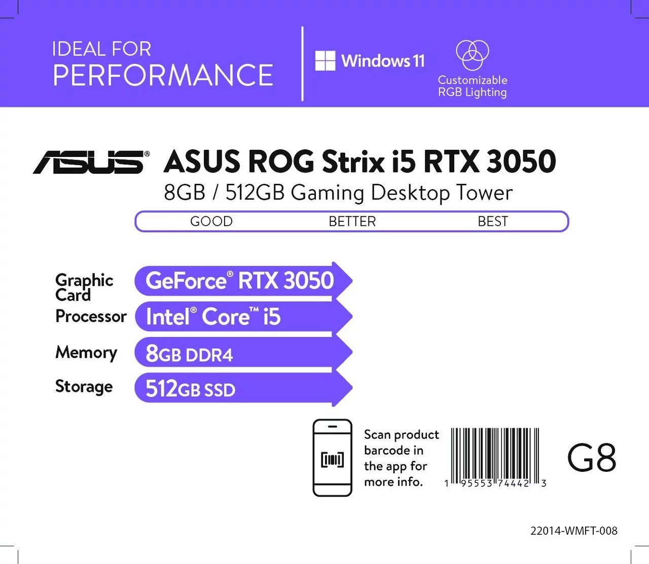 Gray Desktop with Intel Core i5-11400F, NVIDIA GeForce RTX 3050, 8GB RAM, 512GB SSD, Windows 11 Home H4339