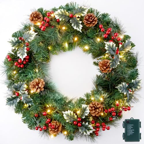 24 Inch Prelit Christmas Wreath with Pine Needles Branches Red Berry Pine Cones P733