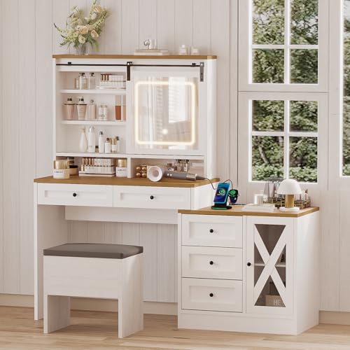 Vanity Desk with Sliding Lighted Mirror, Stool, 8 Storage Shelves, 5 Drawers, Charging Station L4156