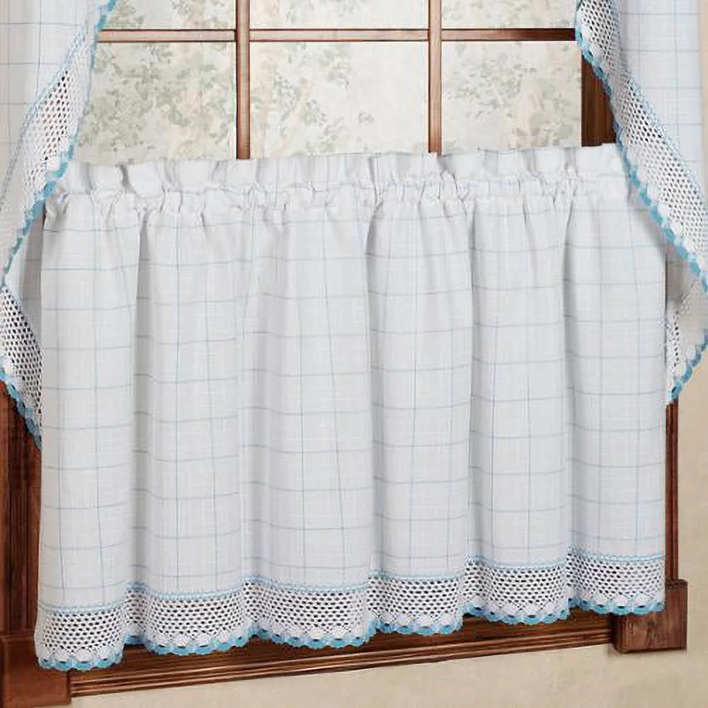 Cotton White Blue Window Pane Pattern Tiers Swags Valance 38 x 60 Q319619