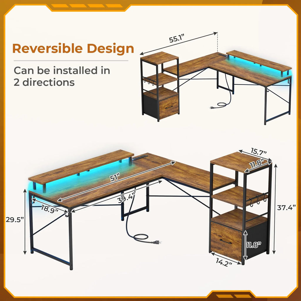 Rustic Brown L Shaped Desk with Power Outlets and LED Lights and Fabric File Drawer U501