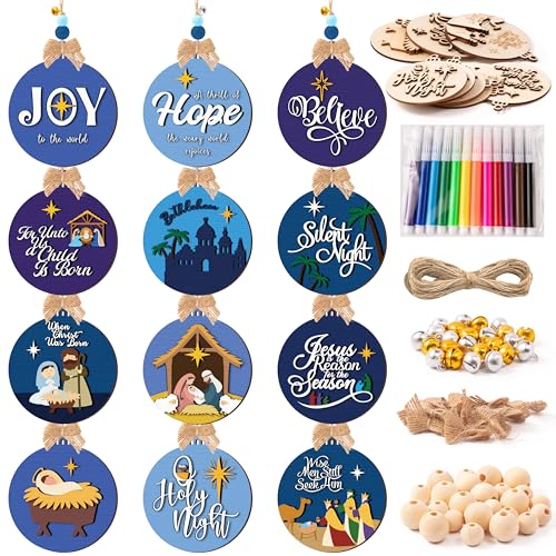 12 Styles Unfinished Wooden Christmas Ornaments Kit with Paint Pens K235916