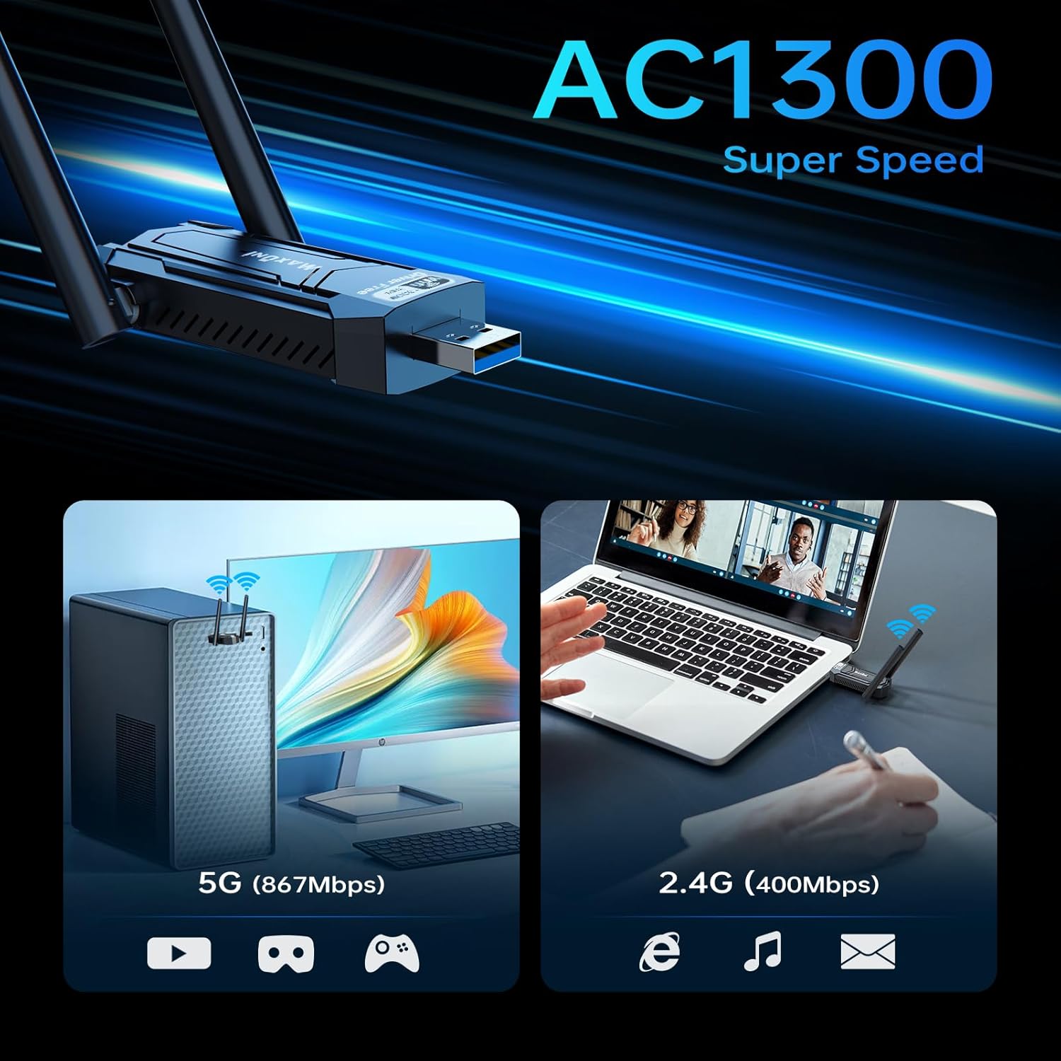 AC1300Mbps Dual Band USB 3.0 WiFi Adapter with 2.4GHz/5GHz and Dual 5dBi Antennas R24577
