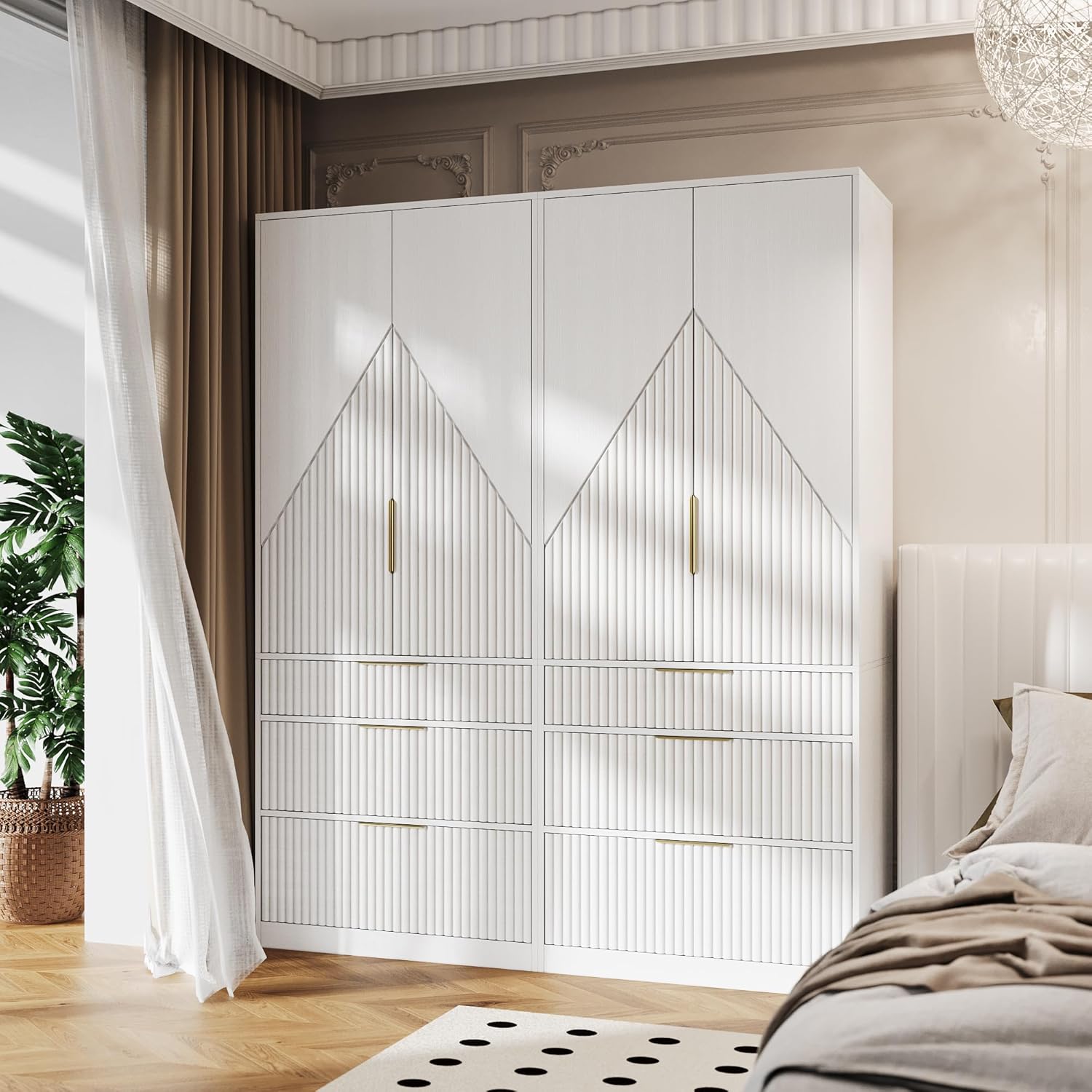 White Freestanding Wooden Wardrobe Armoire with 2 Doors and 3 Drawer J92224