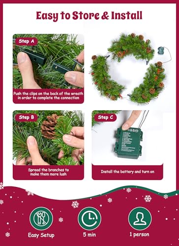 24 Inch Prelit Christmas Wreath with Pine Needles Branches Red Berry Pine Cones P733