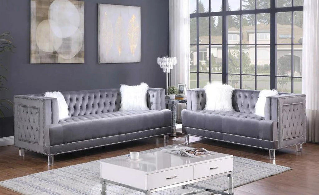 Gray Velvet Fabric Sofa & Loveseat Set 2Pcs L256