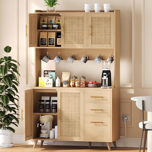Black and Natural Tall Kitchen Pantry Cabinet with Microwave Shelf and Charging Station V384375