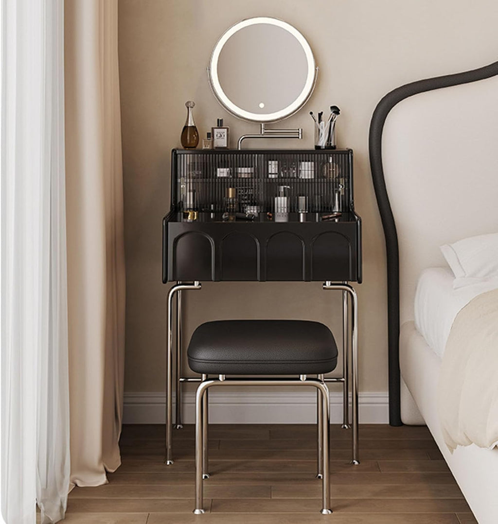 Black Compact Vanity Desk with 3 Adjustable Lighted Mirror and Storage Shelf F32956