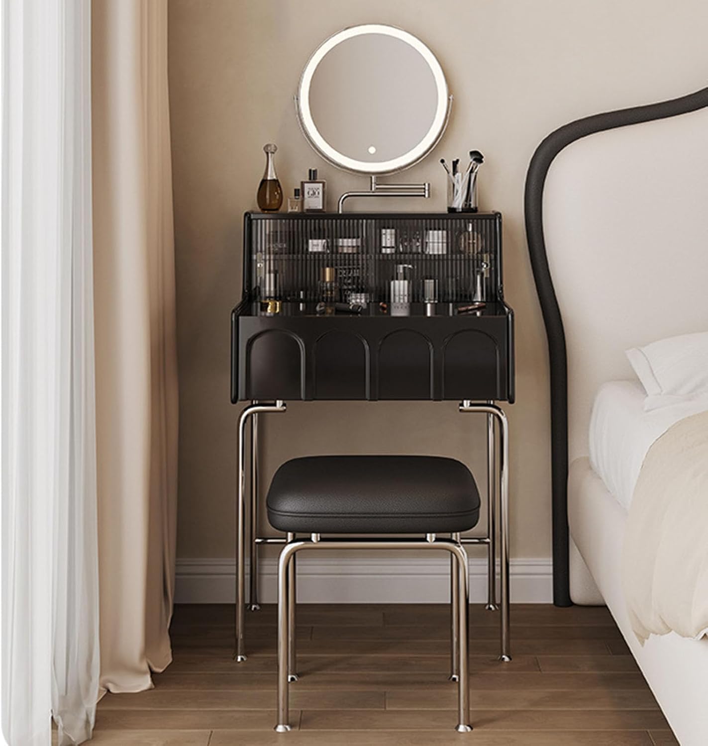 Black Compact Vanity Desk with 3 Adjustable Lighted Mirror and Storage Shelf F32956