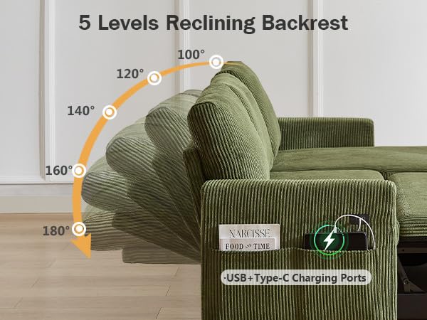 Corduroy Green L Shaped Sleeper Sofa with Pull Out Bed U5728