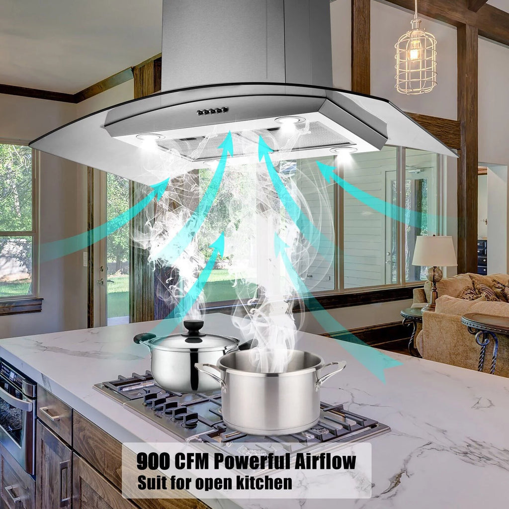 30 inch Island Mount Range Hood 900CFM Tempered Glass Stainless Steel M373