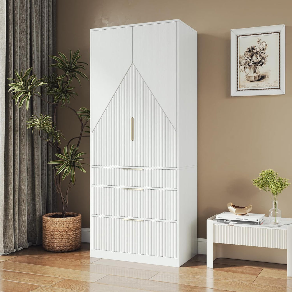 White Freestanding Wooden Wardrobe Armoire with 2 Doors and 3 Drawer J92224