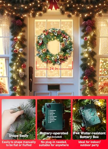 24 Inch Prelit Christmas Wreath with Pine Needles Branches Red Berry Pine Cones P733