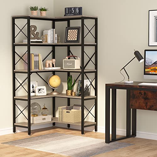 5-Shelf Corner Bookshelf with Metal Frame Grey C835