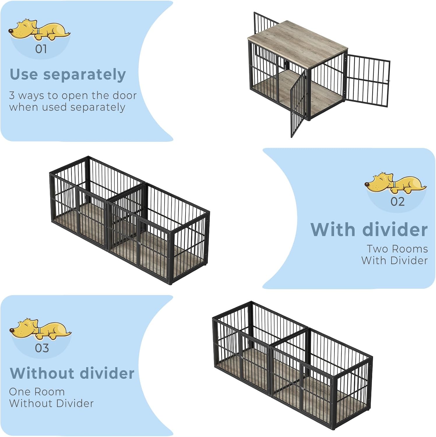 Dog Crate Furniture Large Breed TV Stand with Double Rooms Wooden Dog Kennel with Removable Divider N1222