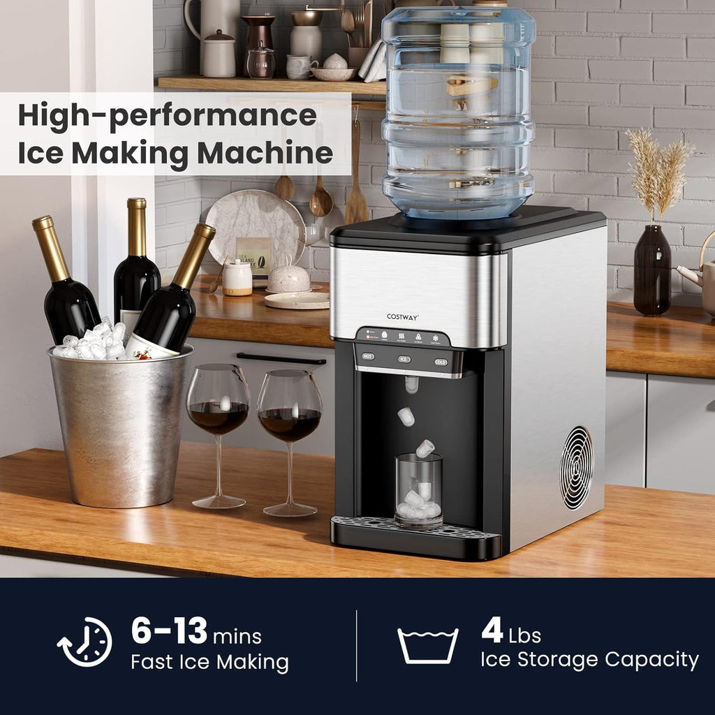 Water Dispenser with Ice Maker, 3-in-1 Countertop Top-Loading Hot Cold Water Cooler Machine, 48Lbs/24H, 12 Cubes, 4Lbs Storage Basket O16944