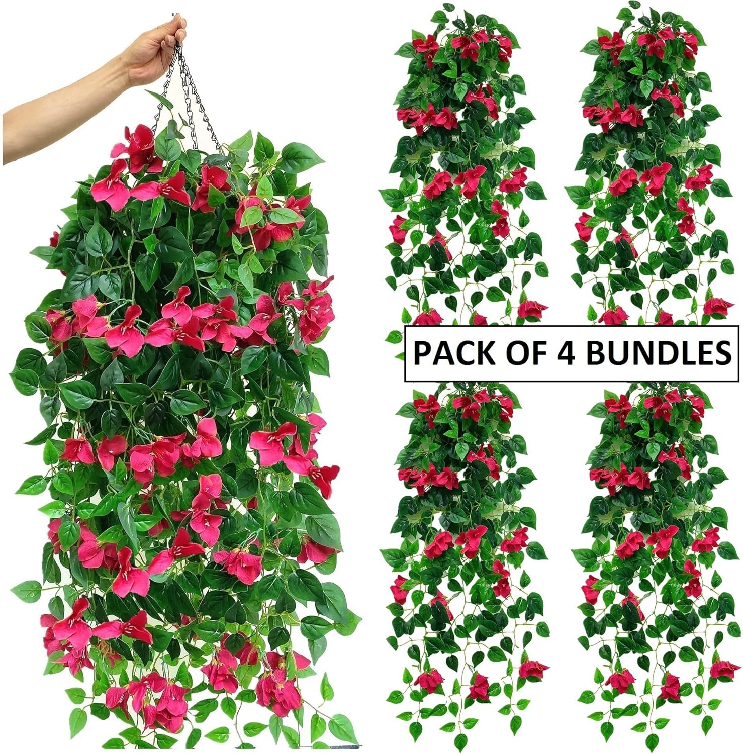 Pack of 4 Artificial Hanging Bougainvillea Silk Plastic Flower Vines Faux Plant (Fuchsia) X151177