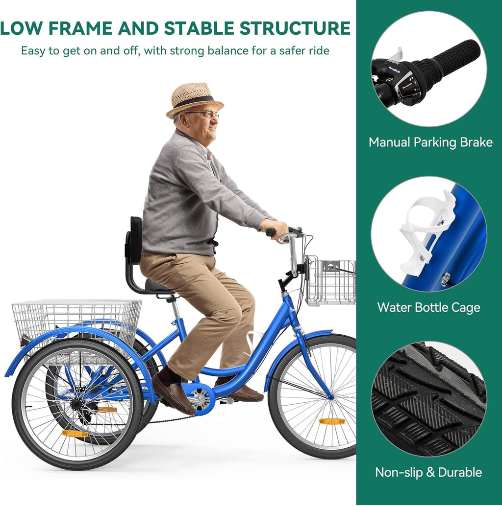 Blue 26 Inch 7 Speed 3 Wheel Tricycle with Removable Baskets P162911