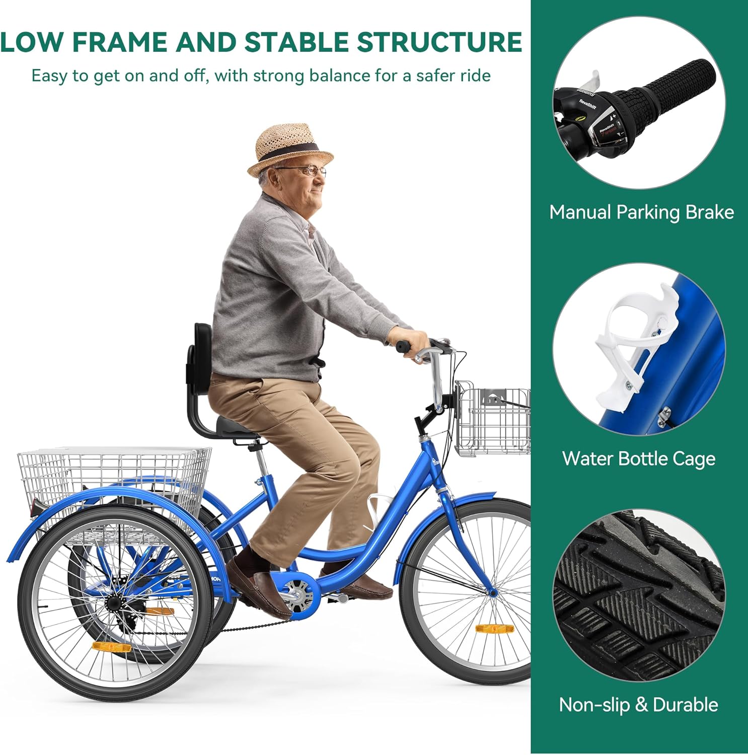 Blue 26 Inch 7 Speed 3 Wheel Tricycle with Removable Baskets P162911