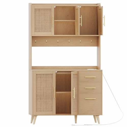 Black and Natural Tall Kitchen Pantry Cabinet with Microwave Shelf and Charging Station V384375