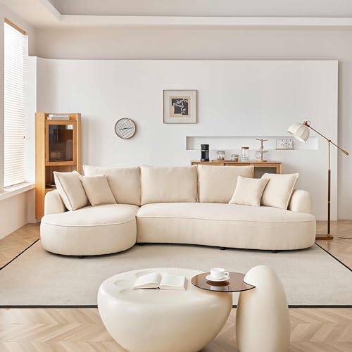 122.8" Curved Sofa Beige Wood Boucle Fabric X6516
