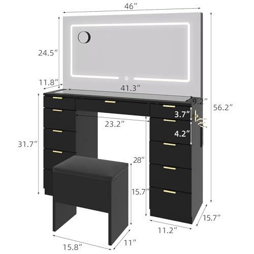 Vanity Desk with Sliding Lighted Mirror, Stool, 8 Storage Shelves, 5 Drawers, Charging Station L4156