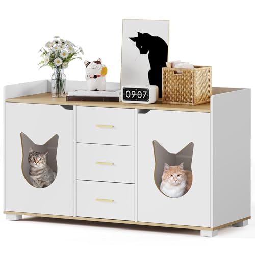 White Wooden Cat Litter Box Enclosure with Drawers, 55" L x 19.7" W x 31.5" H R3956