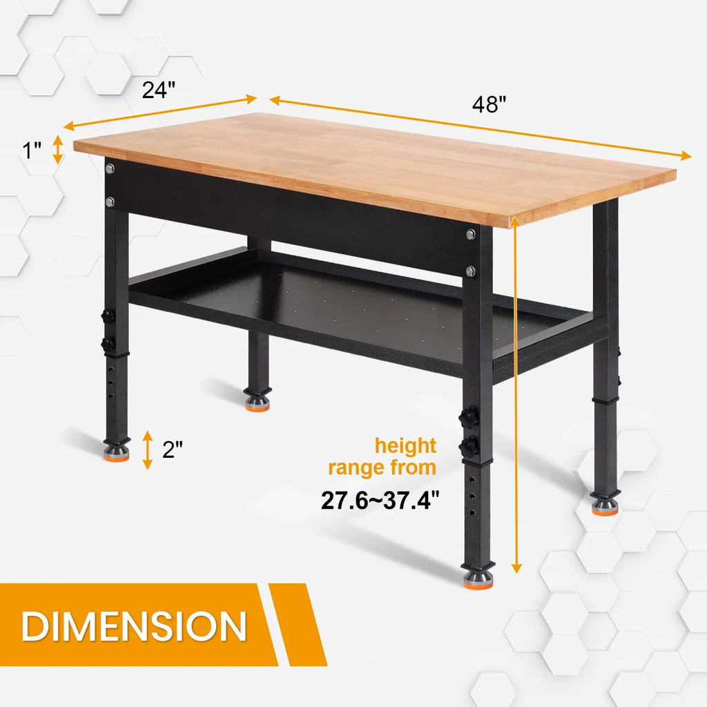 48" Adjustable Heavy-Duty Workbench with Rubber Wood Top J8247