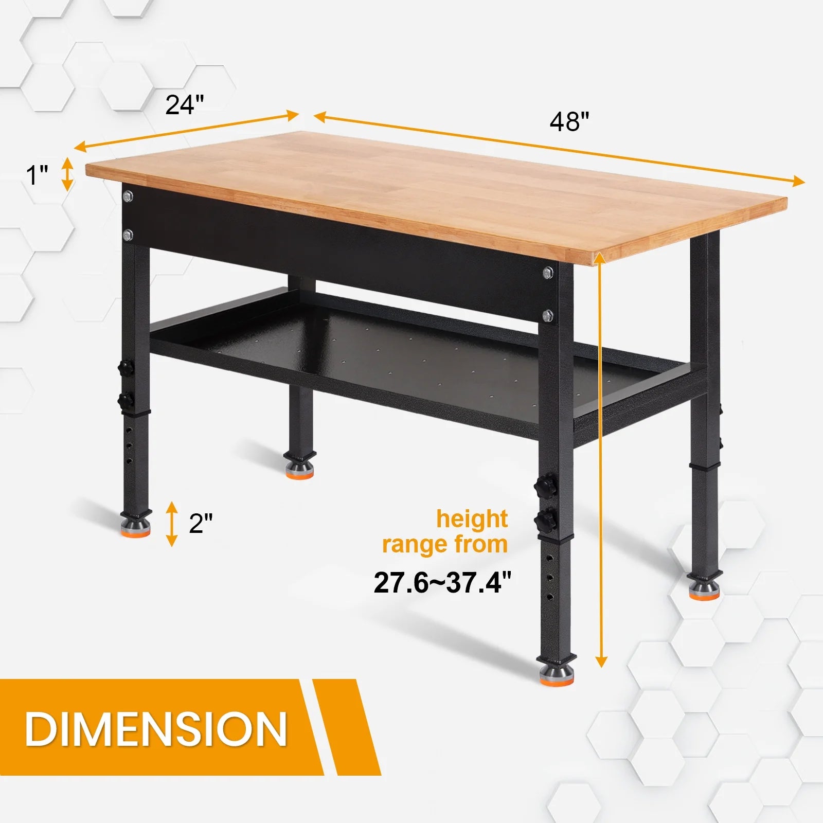 48" Adjustable Heavy-Duty Workbench with Rubber Wood Top J8247