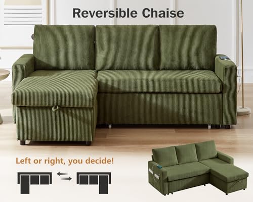 Corduroy Green L Shaped Sleeper Sofa with Pull Out Bed U5728