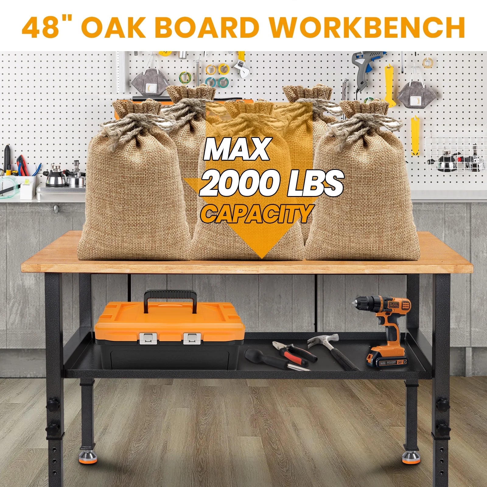 48" Adjustable Heavy-Duty Workbench with Rubber Wood Top J8247