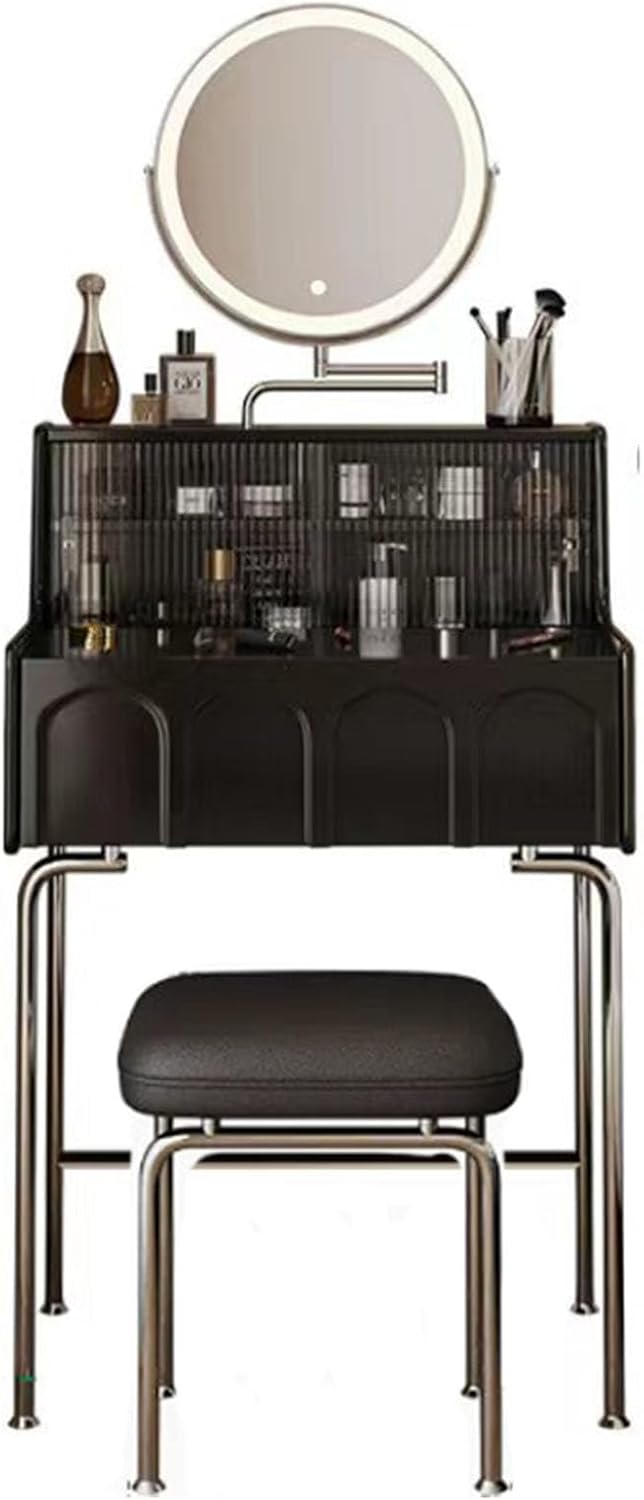 Black Compact Vanity Desk with 3 Adjustable Lighted Mirror and Storage Shelf F32956