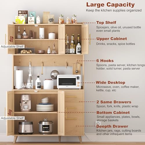 Black and Natural Tall Kitchen Pantry Cabinet with Microwave Shelf and Charging Station V384375