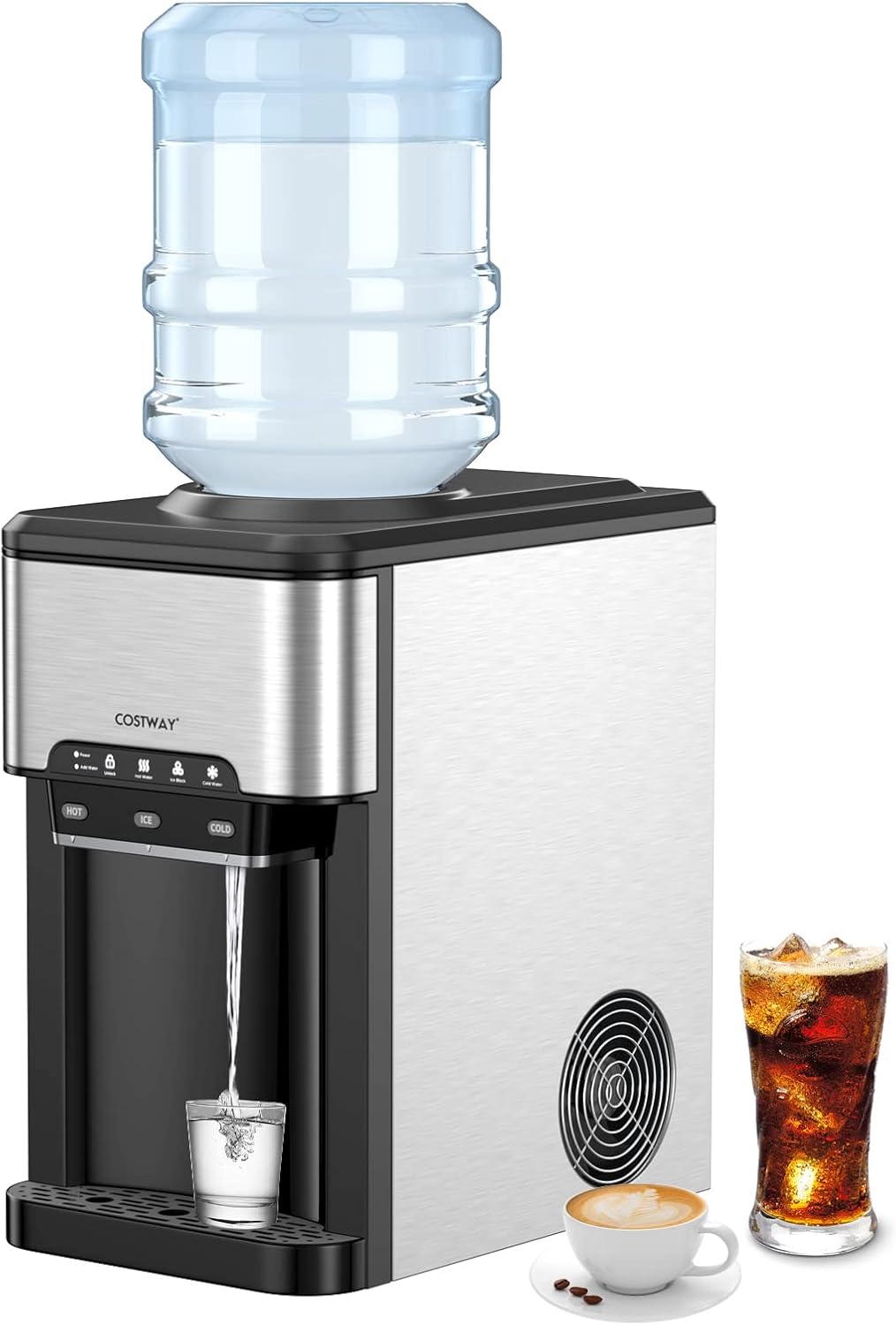 Water Dispenser with Ice Maker, 3-in-1 Countertop Top-Loading Hot Cold Water Cooler Machine, 48Lbs/24H, 12 Cubes, 4Lbs Storage Basket O16944