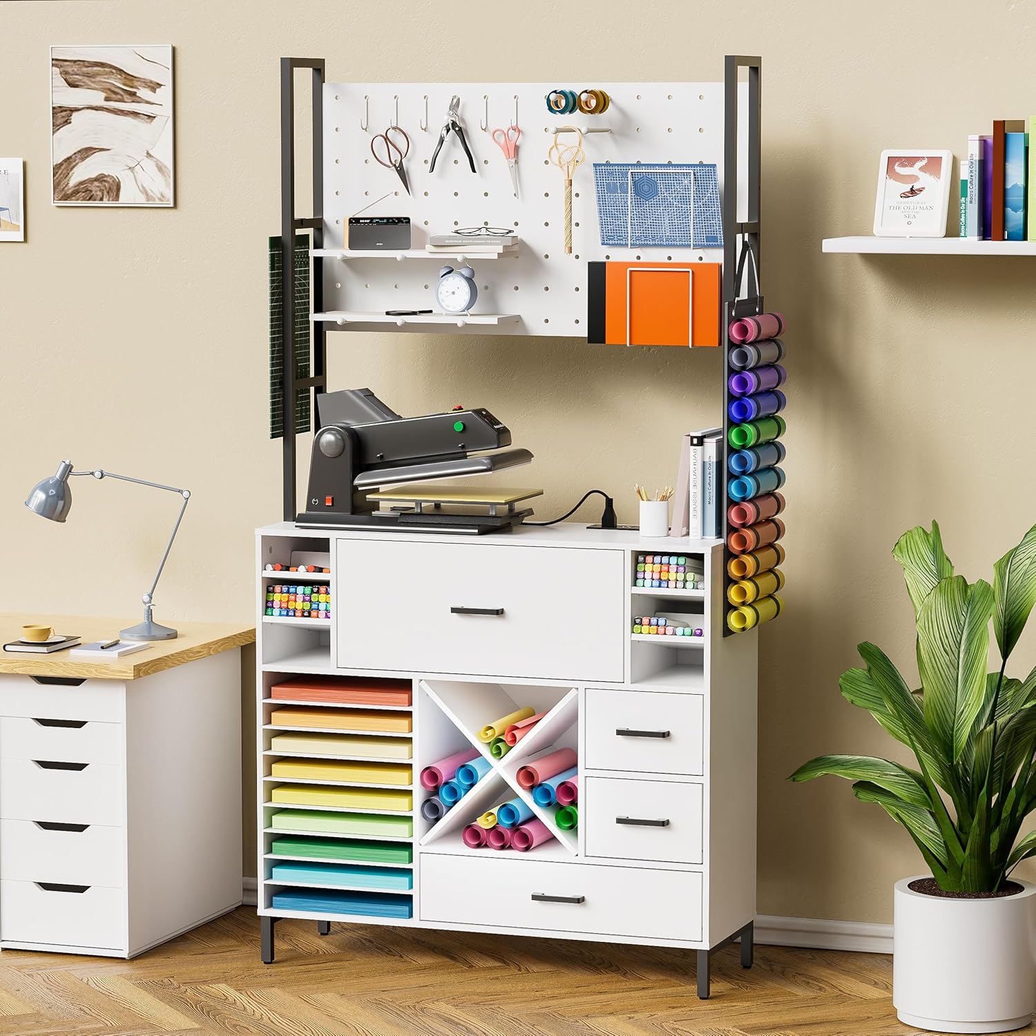 Craft Organizers and Storage Cabinet with Power Outlet, Pegboard, Vinyl Holders W54918