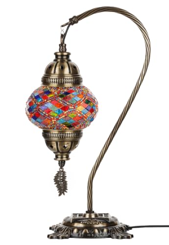Turkish Moroccan Mosaic Table Lamp Handcrafted Tiffany-Style Colorful Glass Swan Neck Bedside Desk Table Light Boho Artisan Accent Lighting 15" H Black White W746591