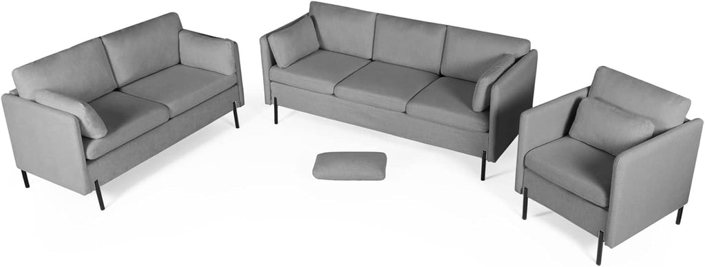 Grey 3 Pcs Upholstered Sofa Set with Pillows E982