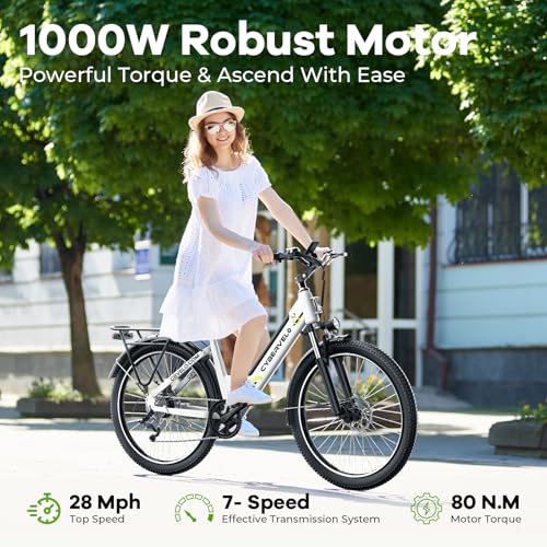 26" Electric Bike, 1000W Peak, Removable Battery, 7-Speed T507