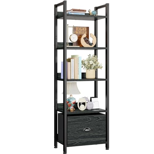 Black 5 Tier Bookshelf with Drawer, Tall Narrow Bookcase, Wood and Metal G573006