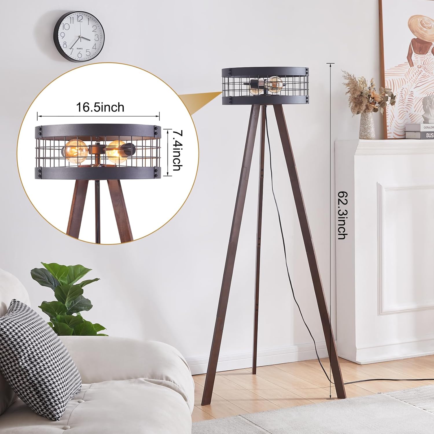 Wood Tripod Floor Lamp with Metal Drum Lamp Shade G830
