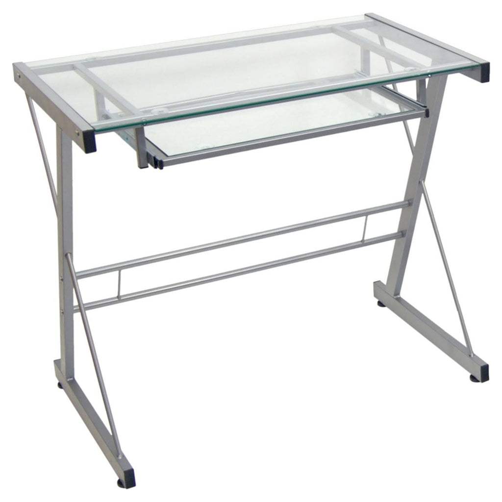 Silver Glass Computer Desk with Keyboard Tray Y614615