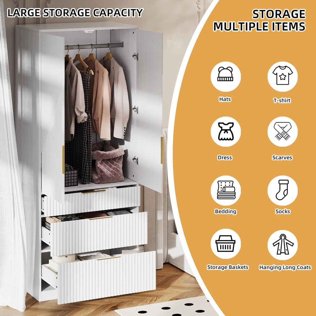 White Freestanding Wooden Wardrobe Armoire with 2 Doors and 3 Drawer J92224