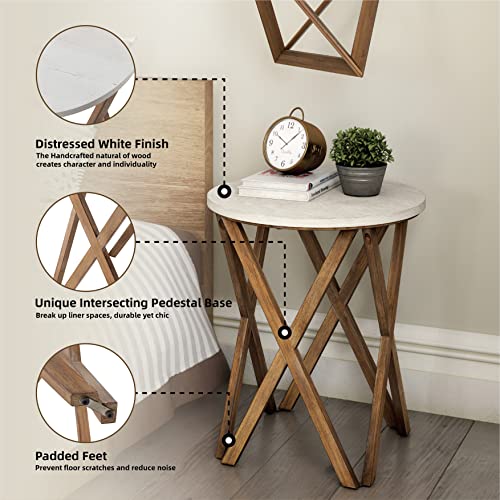Distressed White Top Round End Table Set of 2 H296