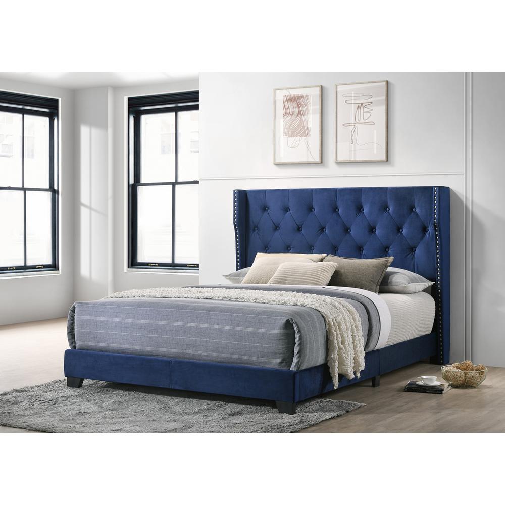 Navy Blue Velvet Panel Bed with Tufted Headboard Full Size N154