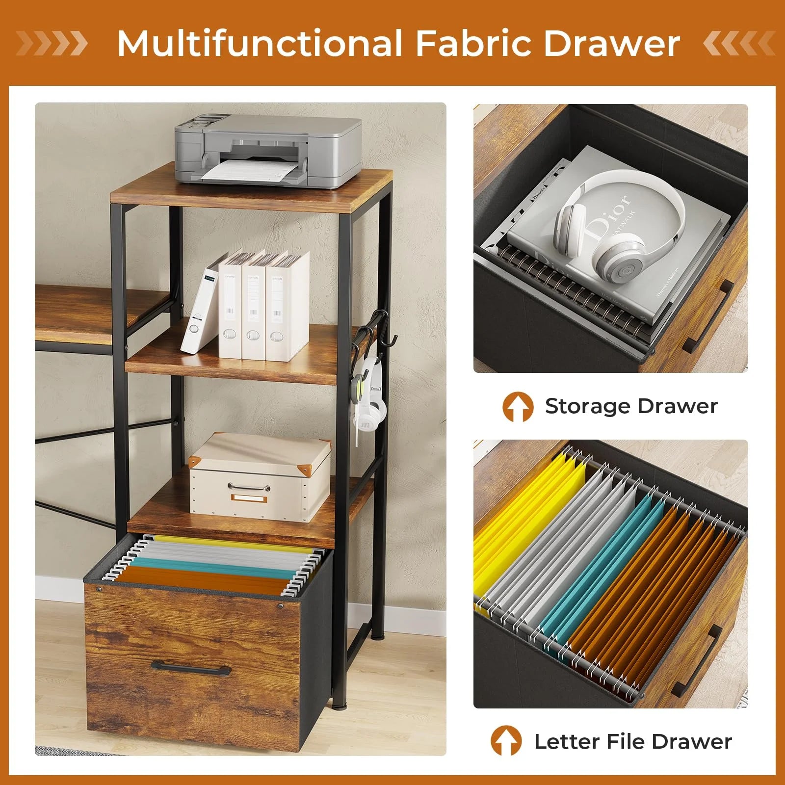 Rustic Brown L Shaped Desk with Power Outlets and LED Lights and Fabric File Drawer U501