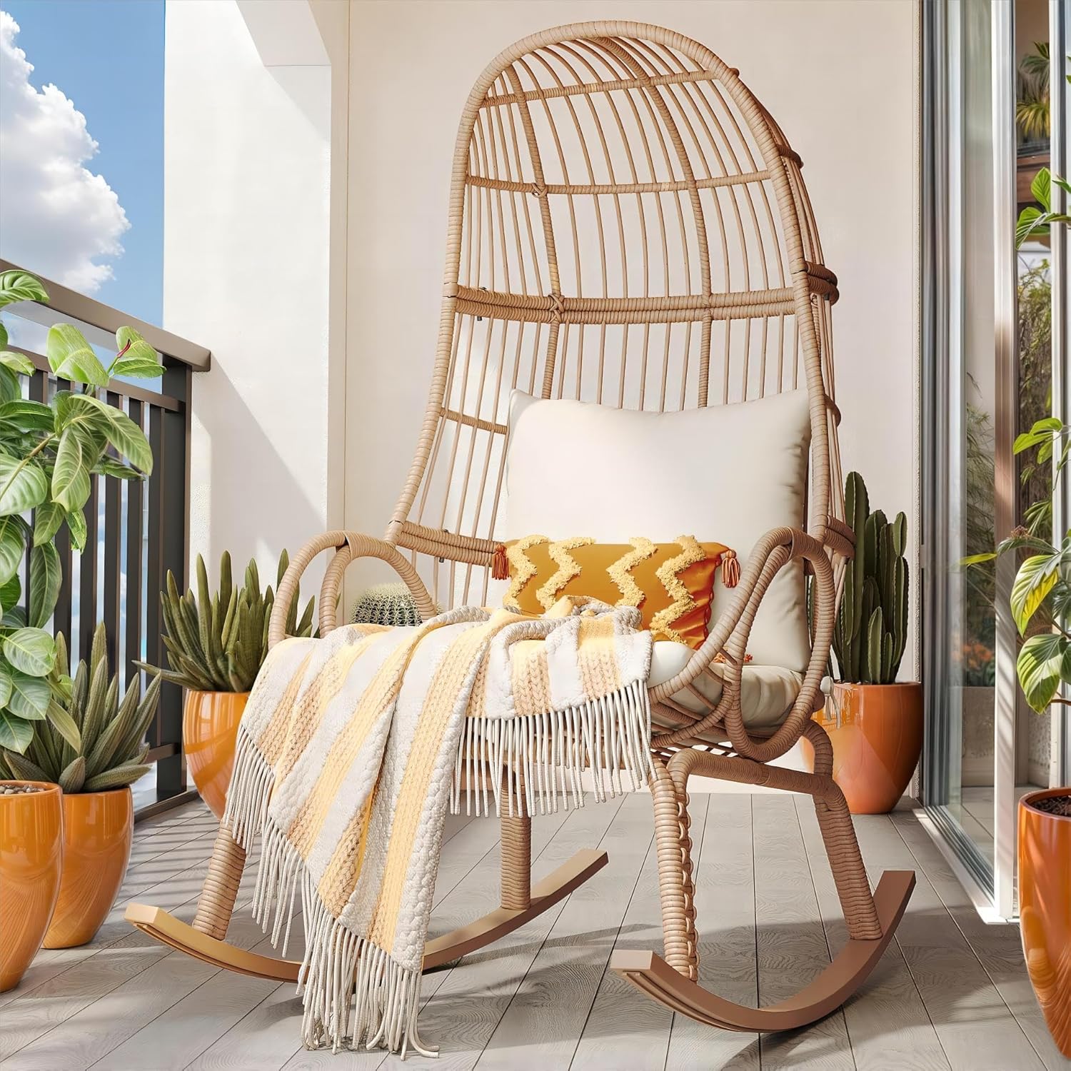 Beige Wicker Rocking Egg Chair B82875
