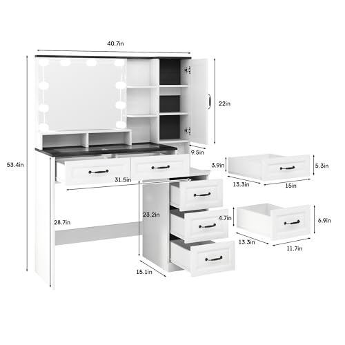 White Glass Top Vanity Desk with Mirror and 5 Drawers O9845