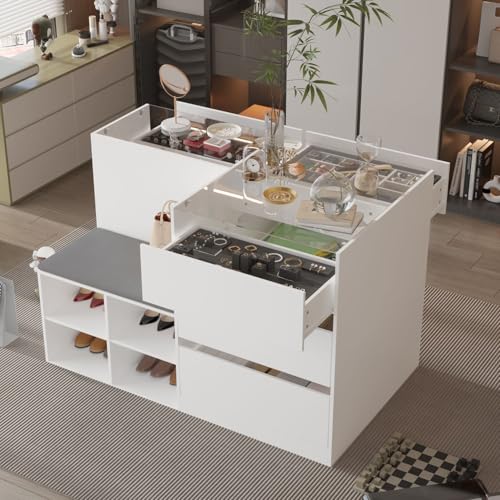 White Glass Armoire Wardrobe with 9 Drawers P7050